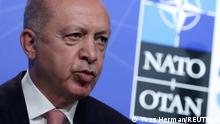 FILE PHOTO: Turkey's President Tayyip Erdogan holds a news conference during the NATO summit at the Alliance's headquarters in Brussels, Belgium June 14, 2021. REUTERS/Yves Herman/Pool/File Photo