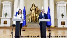 Prime Minister of Finland Sanna Marin and President of the Republic of Finland Sauli Niinistö attend the joint press conference on Finland's security policy decisions at the Presidential Palace in Helsinki, Finland on May 15, 2022. Finland will apply for NATO membership. LEHTIKUVA / HEIKKI SAUKKOMAA - FINLAND OUT. NO THIRD PARTY SALES.