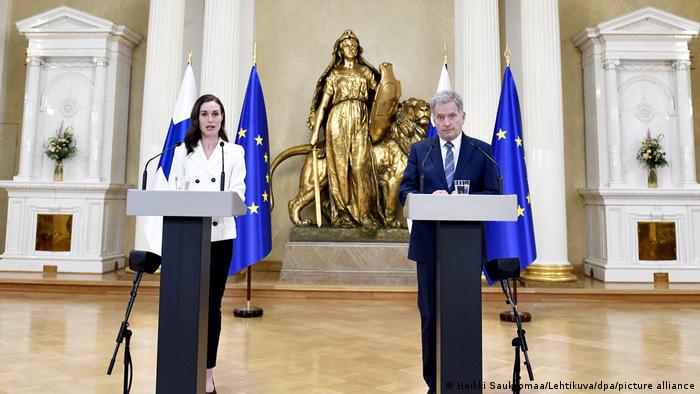 Prime Minister of Finland Sanna Marin and President Sauli Niinisto in a joint press conference at the presidential palace in Helsinki