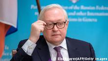 Russian Deputy Foreign Minister Sergei Ryabkov gestures during a press conference following talks with US counterpart on soaring tensions over Ukraine, in Geneva, on January 10, 2022. - Russia told the United States at tense talks that it had no plans to invade Ukraine, as the two sides agreed to more efforts to keep tensions from turning into a full-blown confrontation. After more than seven hours of negotiations in Geneva, the Russian and US negotiators both offered to keep talking, though there was no sign of a major breakthrough. (Photo by Eloi ROUYER / AFP) (Photo by ELOI ROUYER/AFP via Getty Images)