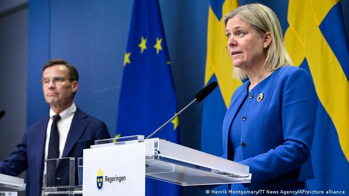 Sweden's Prime Minister Magdalena Andersson, right, and the Moderate Party's leader Ulf Kristersson give a news conference in Stockholm, Sweden,