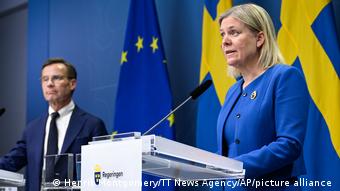Sweden's Prime Minister Magdalena Andersson, right, and the Moderate Party's leader Ulf Kristersson give a news conference in Stockholm, Sweden,