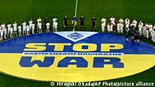 Ukrainian national team members are picture ahead of the friendly match against Borussia Borussia Mönchengladbach in Moenchengladbach, Germany on May 11, 2022. It was their first match since the Russian invasion. Earnings of the match will be donated to support Ukraine. ( The Yomiuri Shimbun via AP Images )