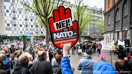  A few hundred protesters gather during a demonstration against NATO membership outside the ruling Social Democrats party's office in Stockholm, Sweden,