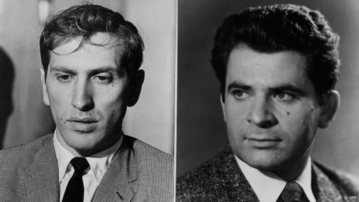Schwarz-weiß-Split-Screen, der rechts ein Porträt von Boris Spasski zeigt, und links eines von Bobby Fischer.