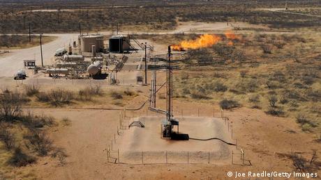 Natural gas being flared off at an oil field in Texas