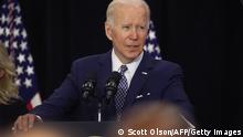 BUFFALO, NEW YORK - MAY 17: US President Joe Biden delivers remarks to guests, most of whom lost a family member in the Tops market shooting, at the Delavan Grider Community Center on May 17, 2022 in Buffalo, New York. The president and first lady placed flowers at a memorial outside of the Tops market and met with families of victims prior to addressing the guests at the community center. A gunman opened fire at the Tops market on Saturday killing ten people and wounding another three. The attack was believed to be motivated by racial hatred. Scott Olson/Getty Images/AFP
== FOR NEWSPAPERS, INTERNET, TELCOS & TELEVISION USE ONLY ==
