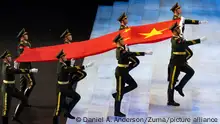 February 4, 2022, Beijing, HEBEI, China: Beijing National Stadium: Opening ceremony in progress Friday, February 4 in Beijing, China...USA flag bearers are United States of America (Ãâ°tats-Unis.Elana MEYERS TAYLOR Female Bobsleigh (Bobsleigh).John SHUSTER Male Curling (Credit Image: Â© Daniel A. Anderson/ZUMA Press Wire