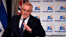Australian prime minister Scott Morrison speaks at the Australia-Israel Chamber of Commerce luncheon as he campaigns in Melbourne on May 18, 2022 ahead on the May 21 general election. (Photo by William WEST / AFP)