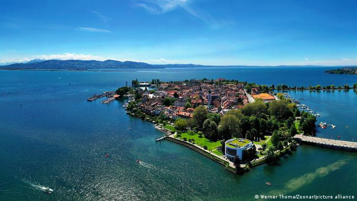 An areal view of the island of Lindau on Lake Constance.