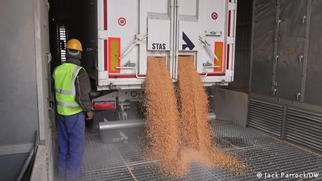 A truck unloading Ukrainian grain