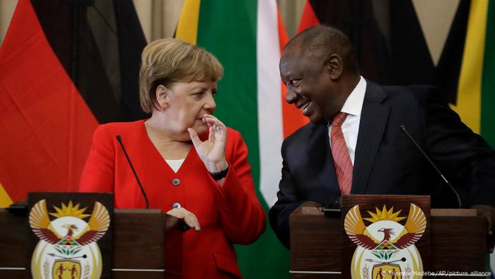 German Chancellor Angela Merkel and South African President Cyril Ramaphosa at a press conference in South Africa.