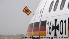 The banner of the German President is attached to the cockpit of the Airbus A340 of the German Air Force at the airport in Accra, Ghana, 13 December 2017. German President Steinmeier visited the countries Ghana and Gambia during his four-day Africa journey. Photo: Bernd von Jutrczenka/dpa