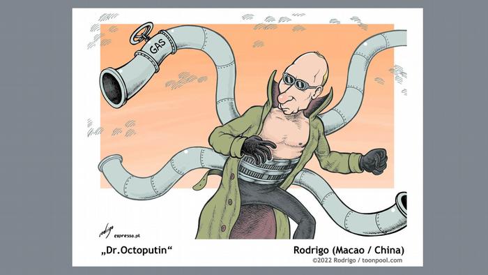 Putin in the form of an octopus with hoses for gas and oil
