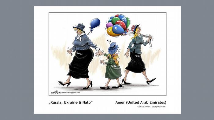 An older woman representing Russia leads a child away by the hand, while another woman holding ballons spelling out NATO walks the other direction