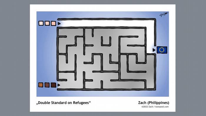 A labyrinth says Double standard for refugees — light-colored squares get a direct path to the exit marked EU, while dark ones have only a dead end