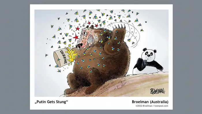 Ein Bär hat die Pfote in einem Honigtopf mit der Aufschrift Ukraine und wird gestochen. Ein Panda beobachtet ihn. 