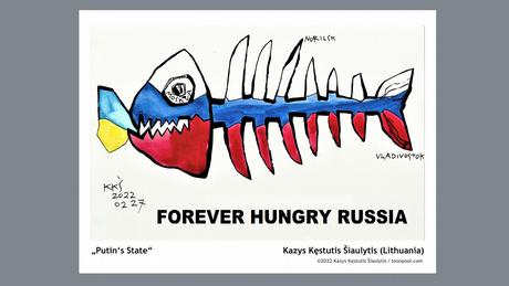 Ein Fischskelett in Russlands Farben verspeist die Ukraine-Flagge. 