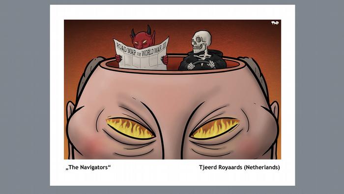 Death and the devil sit in Putin's head; the latter holds a road map with the inscription Road map to World War III