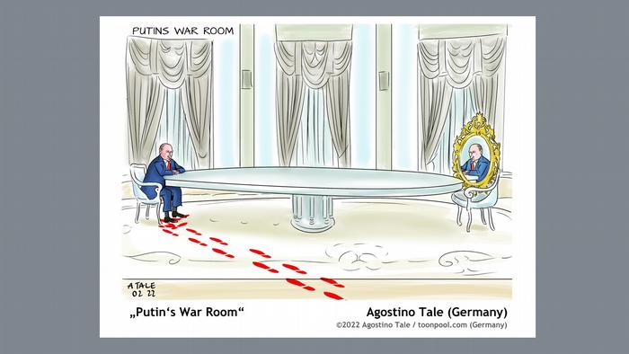Putin sits at a long table at the end of a line of bloody footprints on the floor, at the end of the table opposite him is a mirror