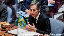 Secretary of State Antony Blinken speaks alongside United Nations Secretary General Antonio Guterres, left, during a UN Security Council Meeting on Food Insecurity and Conflict, Thursday, May 19, 2022, at United Nations headquarters. (AP Photo/John Minchillo)