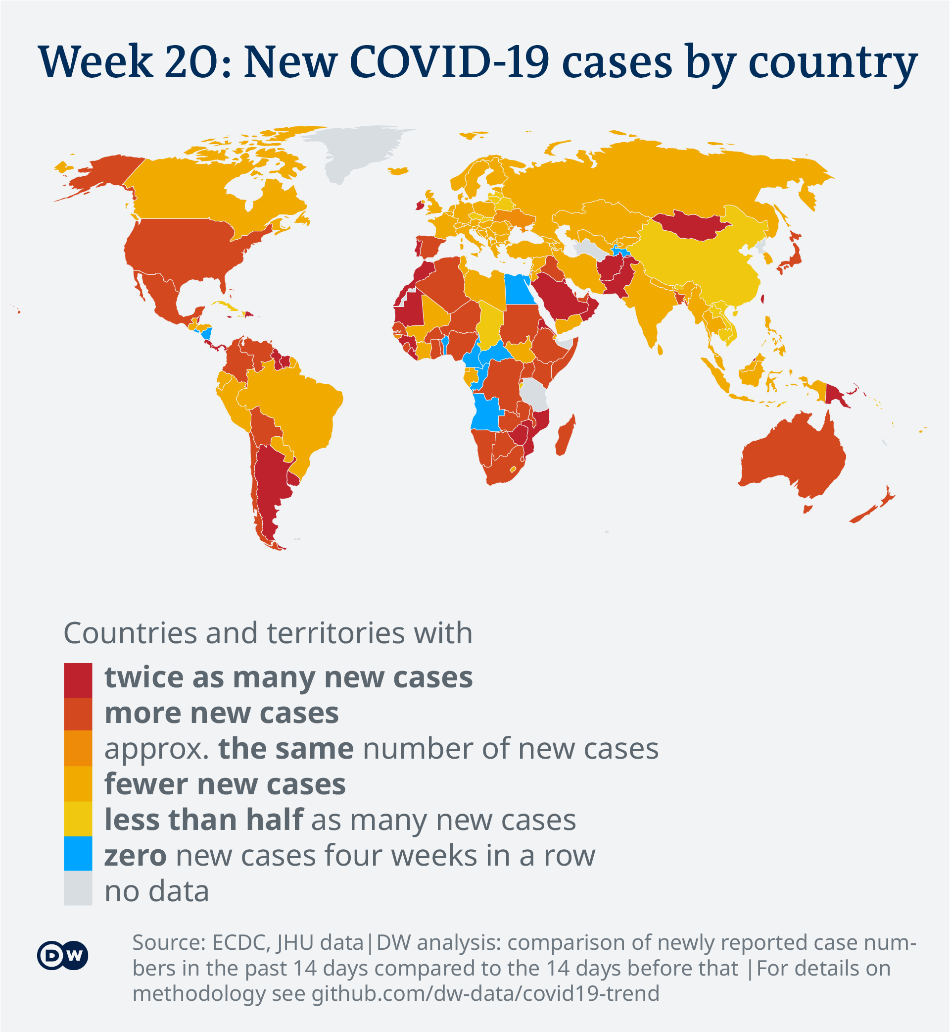 Data visualization: COVID-19 global new case numbers trend - map calendar week 20, 2022