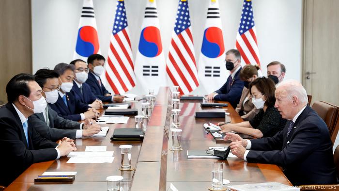U.S. President Joe Biden attends a bilateral meeting with South Korean President Yoon Seok-youl at the People's House in Seoul, South Korea