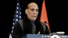 India’s Defense Minister Rajnath Singh participates in a joint news conference during the fourth US-India 2+2 Ministerial Dialogue at the State Department in Washington, DC, on April 11, 2022. (Photo by MICHAEL MCCOY / POOL / AFP)