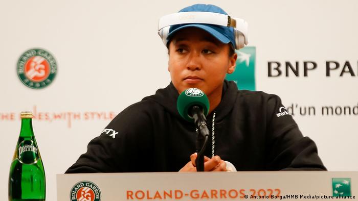 Naomi Osaka answers questions from the press in Paris