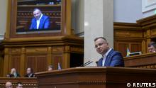 Polish President Andrzej Duda addresses to lawmakers during a session of Ukrainian parliament, as Russia's attack on Ukraine continues, in Kyiv, Ukraine May 22, 2022. REUTERS/Stringer