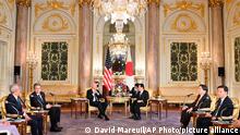 U.S. President Joe Biden, center left, and Japan's Prime Minister Fumio Kishida, center right, meet at Akasaka Palace State Guest House in Tokyo Monday, May 23, 2022. (David Mareuil/Pool Photo via AP)