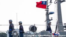Navy soldiers are seen on the deck of a Taiwanese military corvette during a Navy Drill for Preparedness Enhancement ahead of the Chinese New Year, amid escalating Chinese threats to the island, in Keelung, Taiwan, 7 Jan, 2022. With the US approving an increasing number of arms sales to Taipei and China sending more PLA warplanes to cruise around the self governing island, military tensions in the Taiwan Strait have been expected to grow. (Photo by Ceng Shou Yi/NurPhoto)