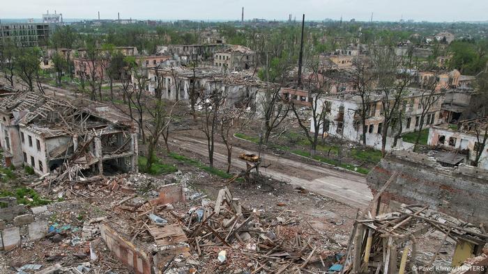 A view shows destroyed buildings located near Azovstal Iron and Steel Works, during Ukraine-Russia conflict in the southern port city of Mariupol