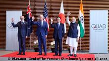 (L-R) Australian Prime Minister Anthony Albanese, U.S. President Joe Biden, Japanese Prime Minister Fumio Kishida and Indian Prime Minister Narendra Modi pose for photo before QUAD leaders meeting at the prime minister's office in Tokyo on May 24, 2022. QUAD, Quadrilateral Security Dialogue, is a strategic security dialogue between Australia, India, Japan, and the United States that is maintained by talks between member countries. ( The Yomiuri Shimbun via AP Images )