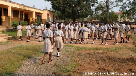 Students assemble on their school compound on the first day of the reopening of schools in Accra, Ghana, on January 18, 2021