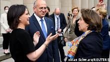 Polish Foreign Minister Zbigniew Rau speaks with German Foreign Minister Annalena Baerbock and French Foreign Minister Catherine Colonna as they meet in Berlin, Germany May 24, 2022. Tobias Schwarz/Pool via REUTERS
