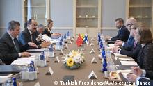 Turkish Presidency Spokesperson Ibrahim Kalin (2nd L) and Finnish State Secretary for foreign affairs Jukka Salovaara (2nd R) lead a meeting between Turkey and Finland as Turkey's talks with Sweden, Finland on NATO bids begin in Ankara