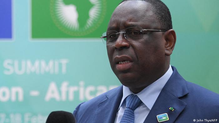 Senegalese President Macky Sall giving a speech in Brussels