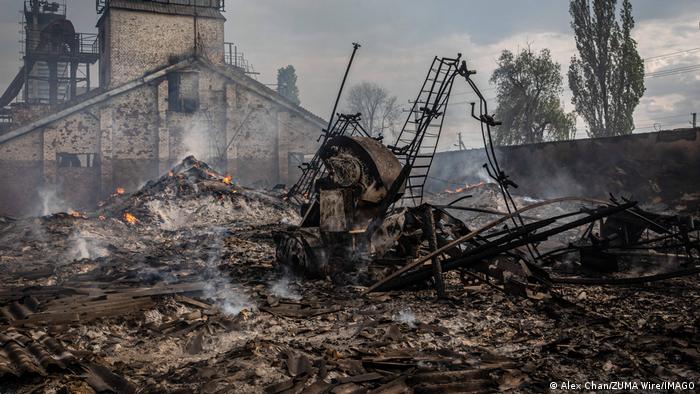 Ruins around grain silo destroyed by Russian shelling in the Donbas town of Siversk