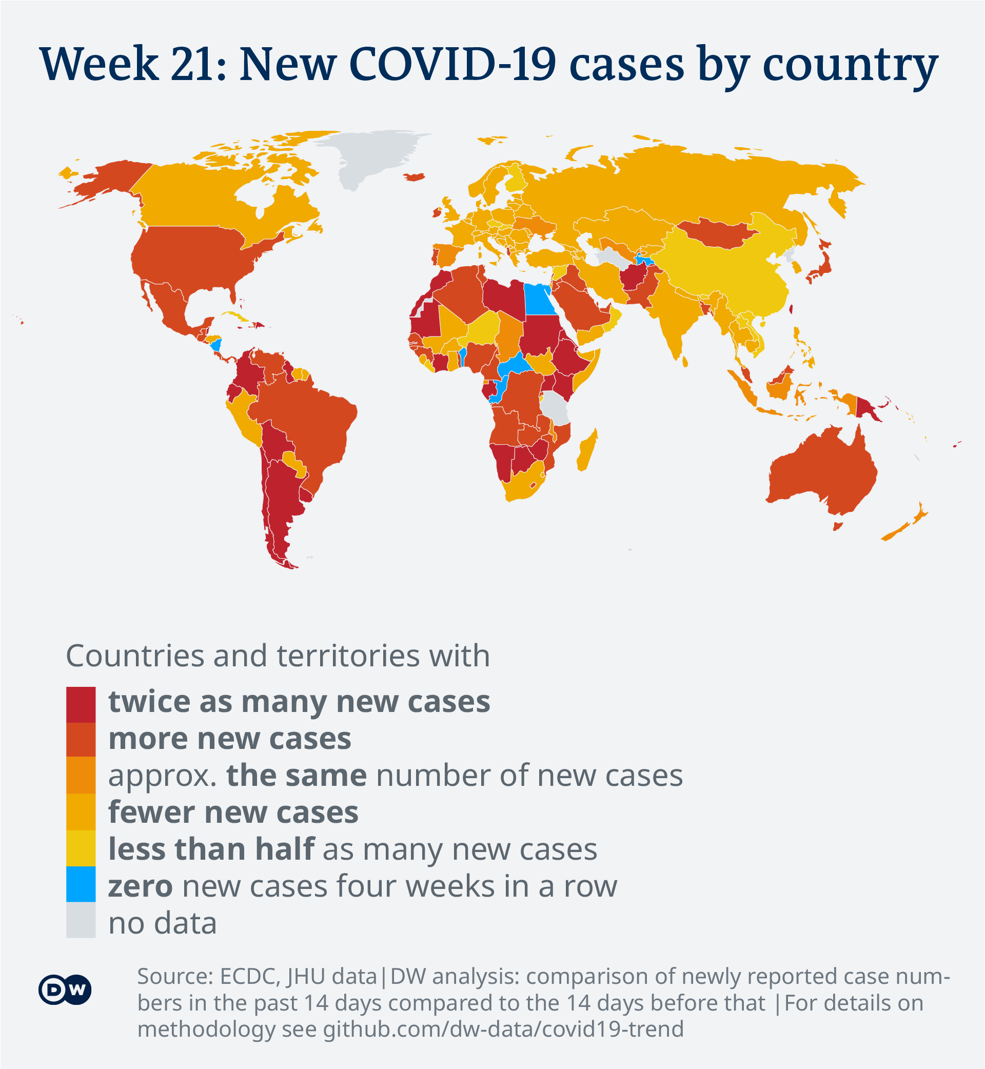 Data visualization: COVID-19 global new case numbers trend - map calendar week 21, 2022