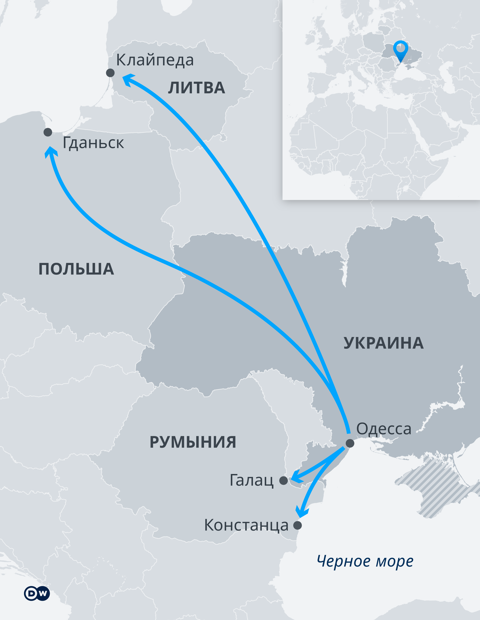 Инфографика о путях вывоза зерна из Одессы в порты ЕС 