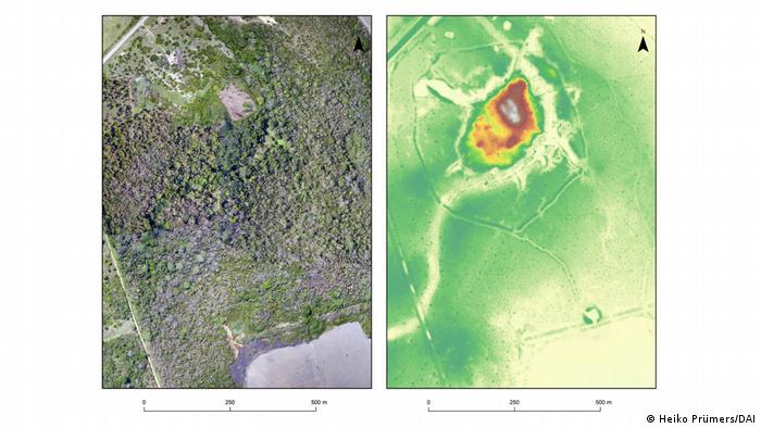 Dos fotos de exactamente la misma zona del yacimiento de Salvatierra. A la izquierda: Mosaico fotográfico a partir de imágenes de drones, derecha: imagen LiDAR.
