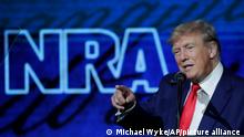 Former president Donald Trump speaks during the Leadership Forum at the National Rifle Association Annual Meeting at the George R. Brown Convention Center Friday, May 27, 2022, in Houston. (AP Photo/Michael Wyke)