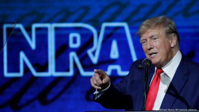 Former president Donald Trump speaks during the Leadership Forum at the National Rifle Association Annual Meeting