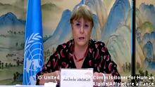 In this image made from online video, United Nations High Commissioner for Human Rights Michelle Bachelet speaks during an online press conference in Guangzhou in southern China's Guangdong Province, Saturday, May 28, 2022. Bachelet is on a six-day visit to China that includes Xinjiang, a region where the Chinese government has been accused of human rights violations. (United Nations High Commissioner for Human Rights via AP)