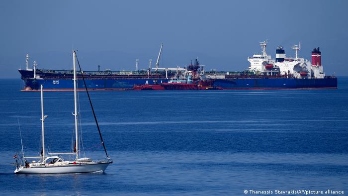 The Iranian oil tanker Lana off the port of Karystos on the Aegean Sea island of Evia, Greece, Friday, May 27, 2022