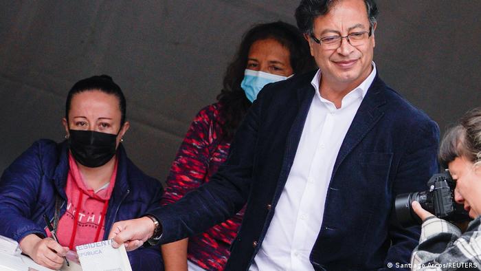 Colombian left-wing presidential candidate Gustavo Petro casts his vote at a polling station during the first round of the presidential election