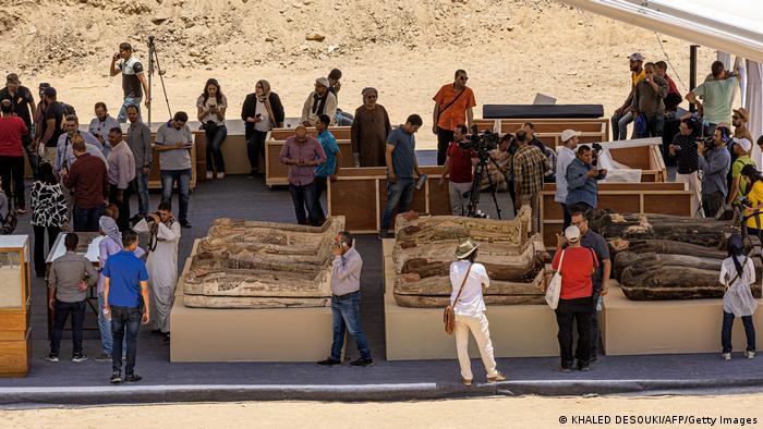 Ancient coffins and artefacts on display at the Saqqara necropolis, south of Cairo