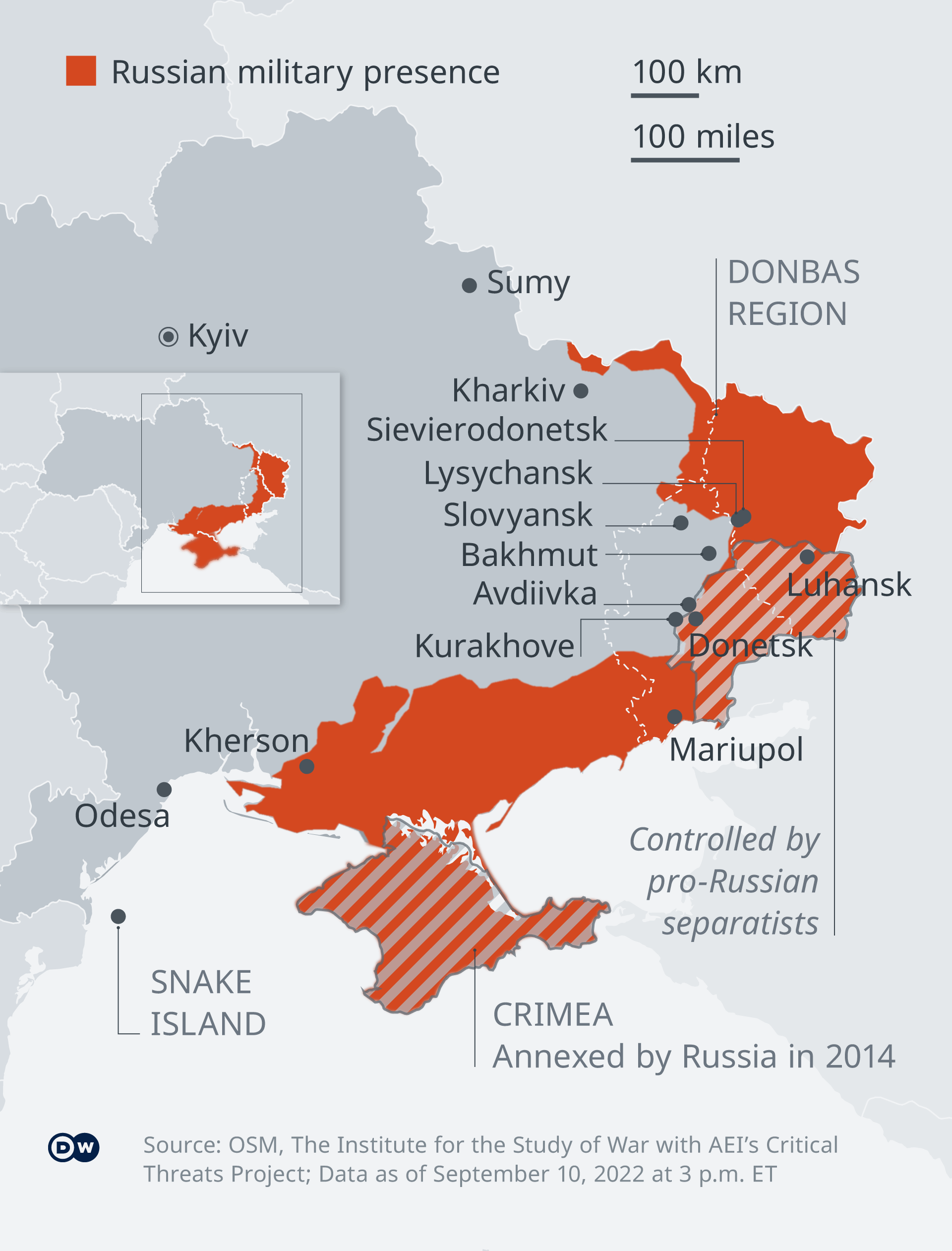 Map of Ukraine, with red shading in the east and south, indicating areas occupied by Russia or controlled by pro-Russian separatists