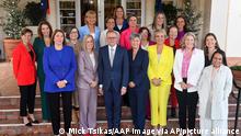 Australian Prime Minister Anthony Albanese, front center, poses with a group of women including 13 female government ministers after their swearing-in ceremony at Government House in Canberra, Australia, Wednesday, June 1, 2022. Australia’s new government sworn in Wednesday includes a record 13 women, including the first female Muslim to serve in the role and the second Indigenous person named Indigenous Affairs minister. (Mick Tsikas/AAP Image via AP)